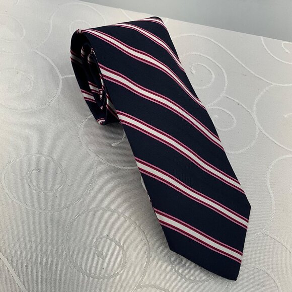 Tom James Men's Long Navy, Pink, White & Red Striped Silk Tie - Picture 1 of 3